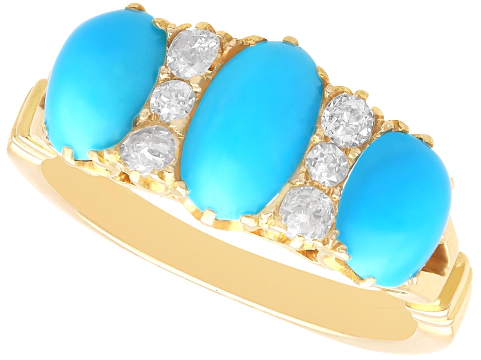 Antique 1.65ct Turquoise, 0.24ct Diamond & 15k Yellow Gold Ring c.1890 (1 of 13)