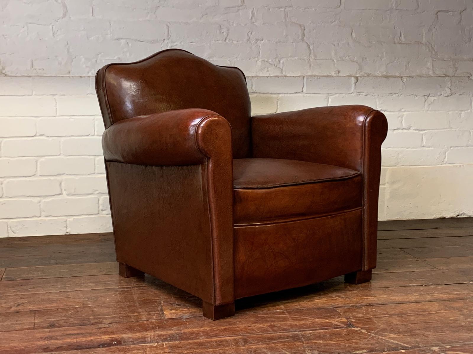 A Gorgeous French Leather Club Chair, Chapeau de Gendarme Model, Circa 1950's (1 of 10)