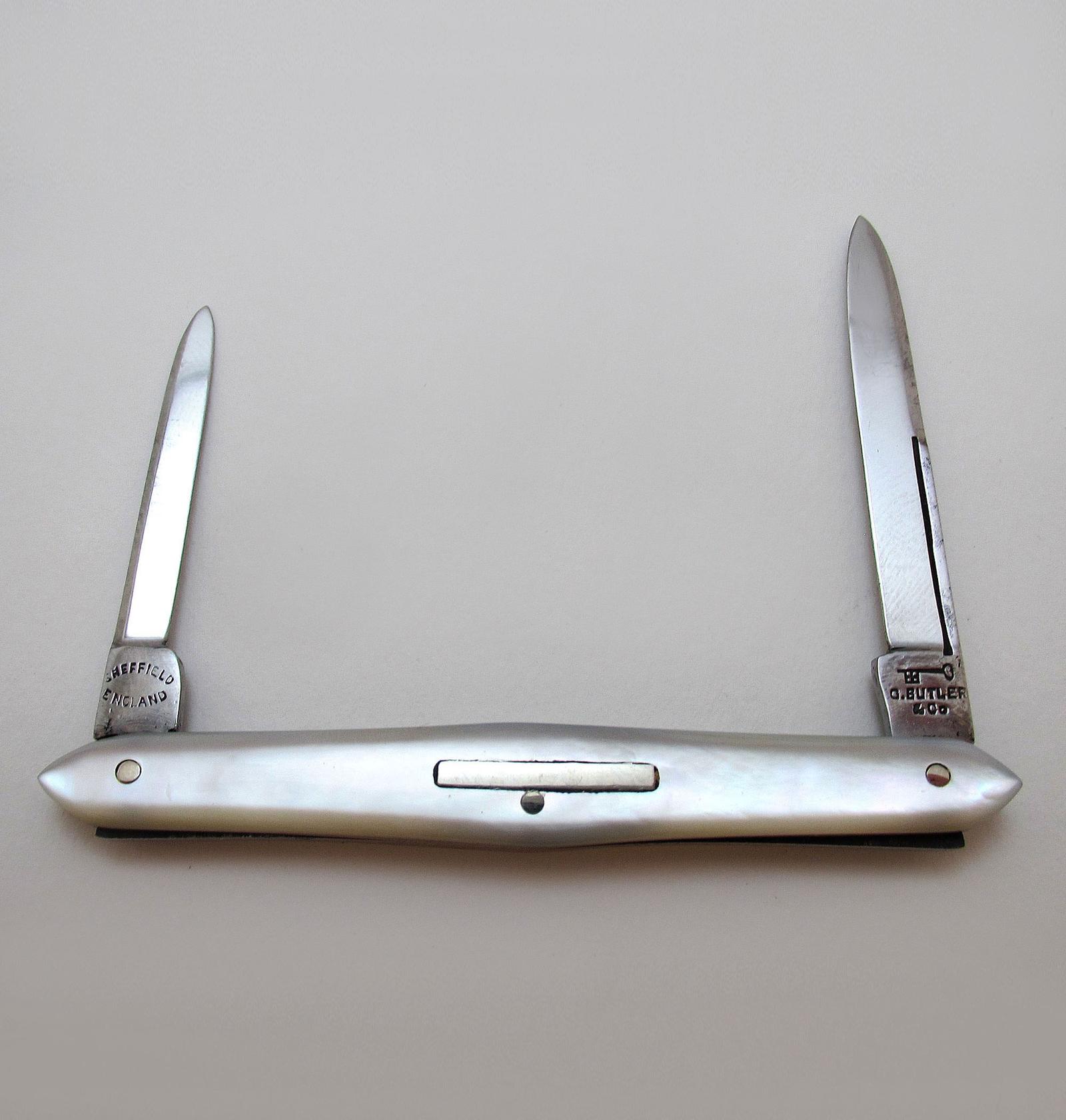 George Butler & Co Sheffield Double Folding Quill Pen Cutter Pencil Sharpener Mother of Pearl Carbon Steel Penknife C1900 (1 of 9) George Butler & Co Sheffield Double Folding Quill Pen Cutter Pencil Sharpener Mother of Pearl Carbon Steel Penknife C1900 (1 of 9)