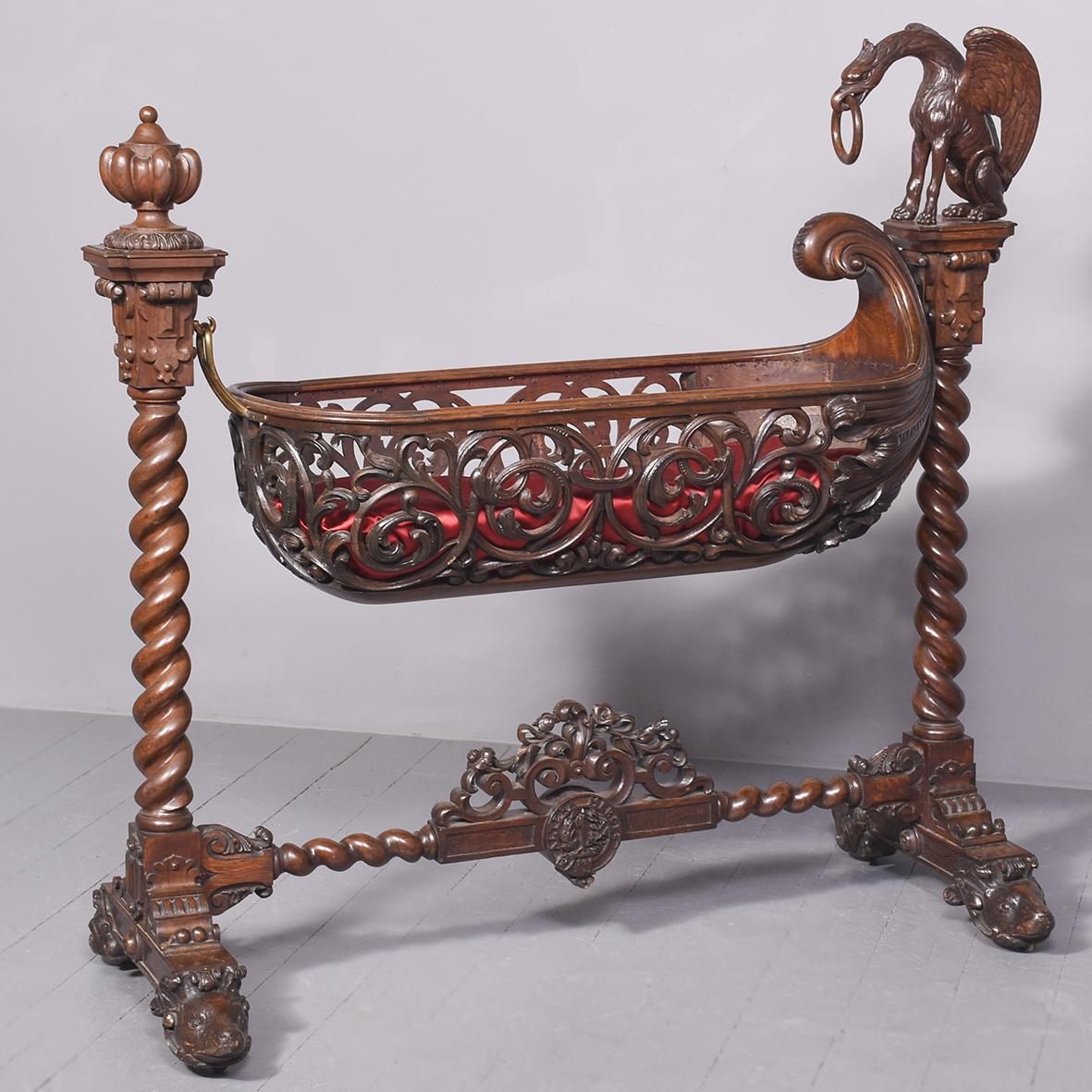 Carved Oak Swinging Crib on Stand (1 of 20)