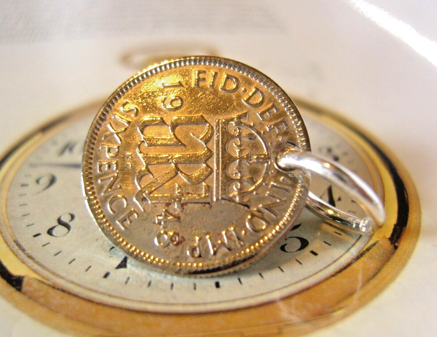 Pocket Watch Chain Fob 1948 Silver Sixpence Lucky English Old 6d Vintage Coin (1 of 10)