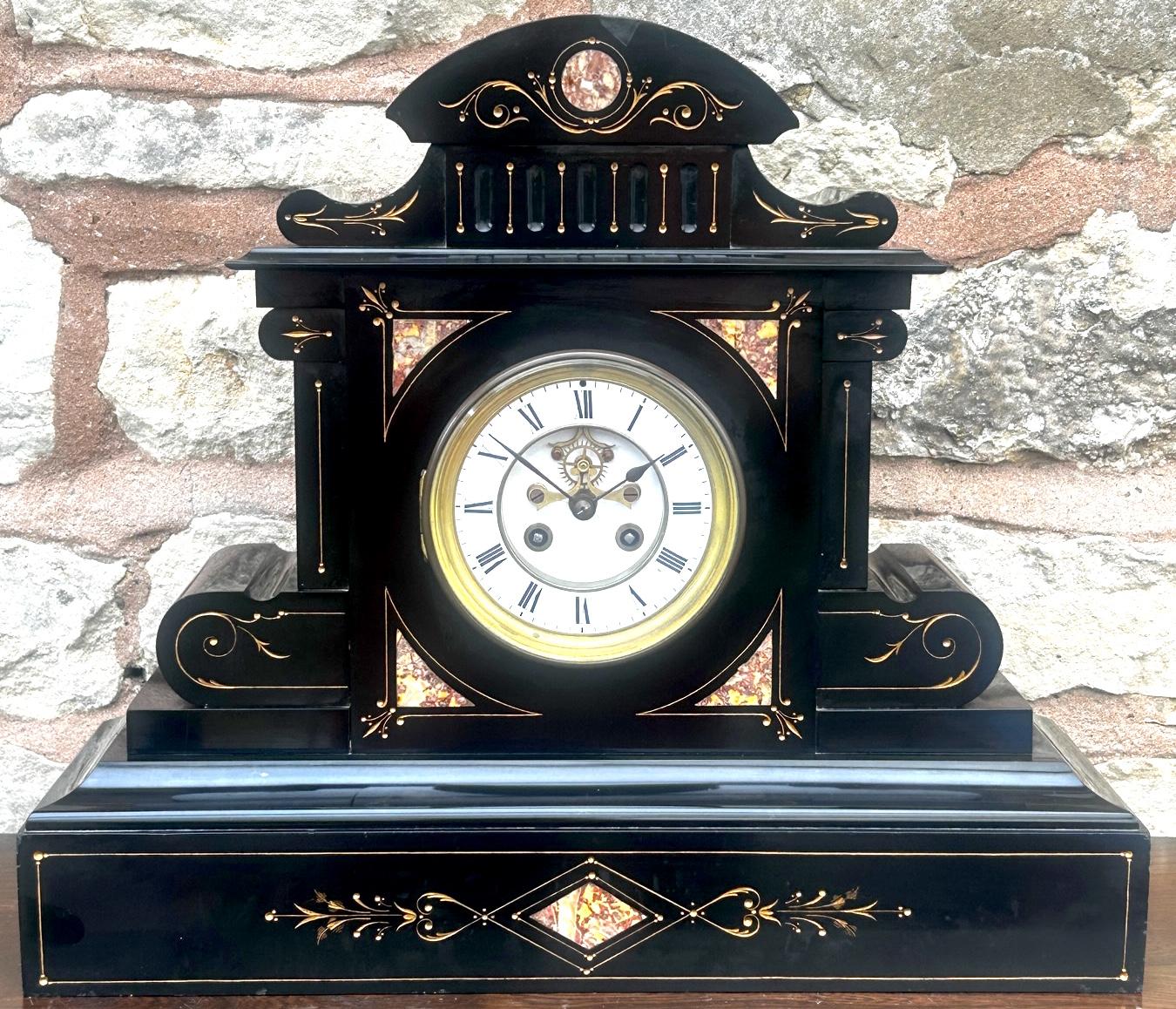 Large Antique English Slate & Marble 8-day Mantel Clock c.1900 (1 of 10)