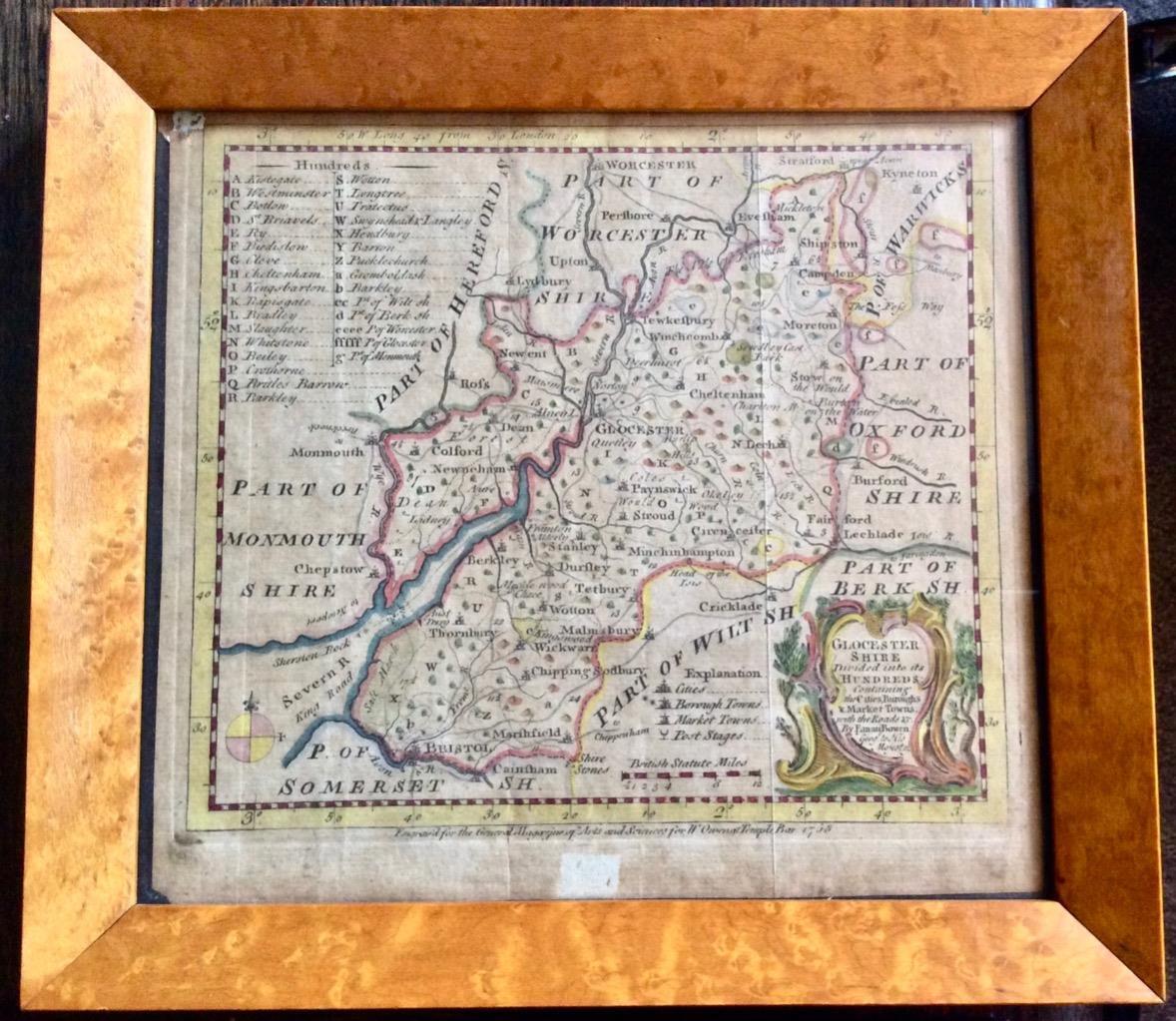 1786 Miniature Map of Gloucestershire by E Bowen Hand Coloured in Maple Frame (1 of 2)