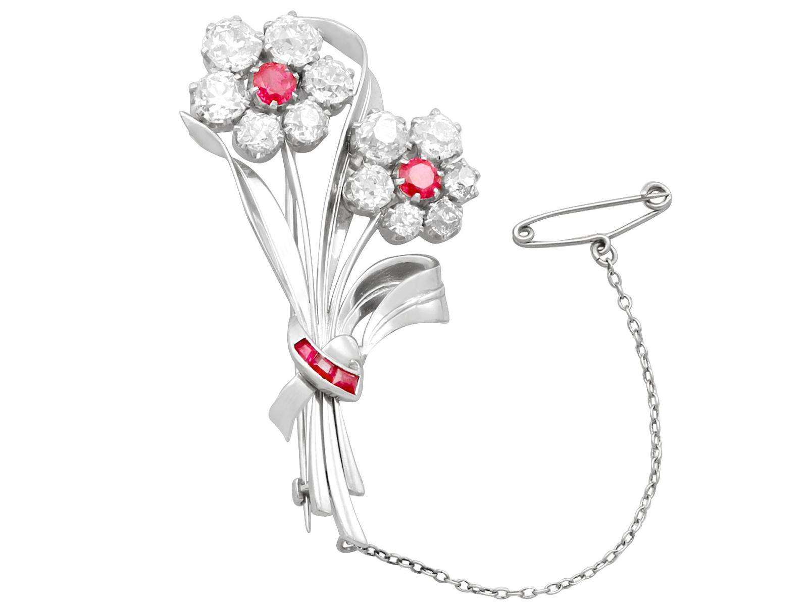 6.85ct Diamond and 1.10ct Ruby, Platinum Brooch - Antique and Vintage (1 of 10)