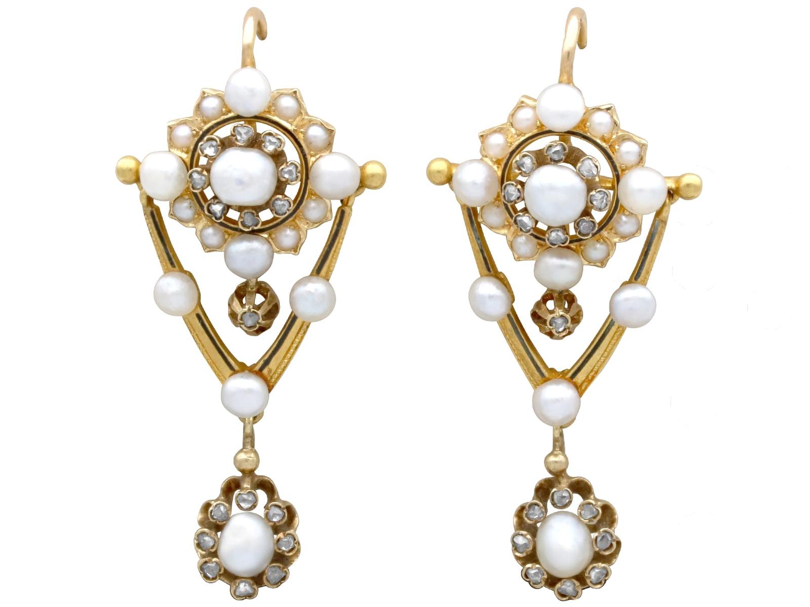 Antique Natural Pearl, 0.66ct Diamond and Enamel, 9k Yellow Gold Drop Earrings Circa 1875 (1 of 11)