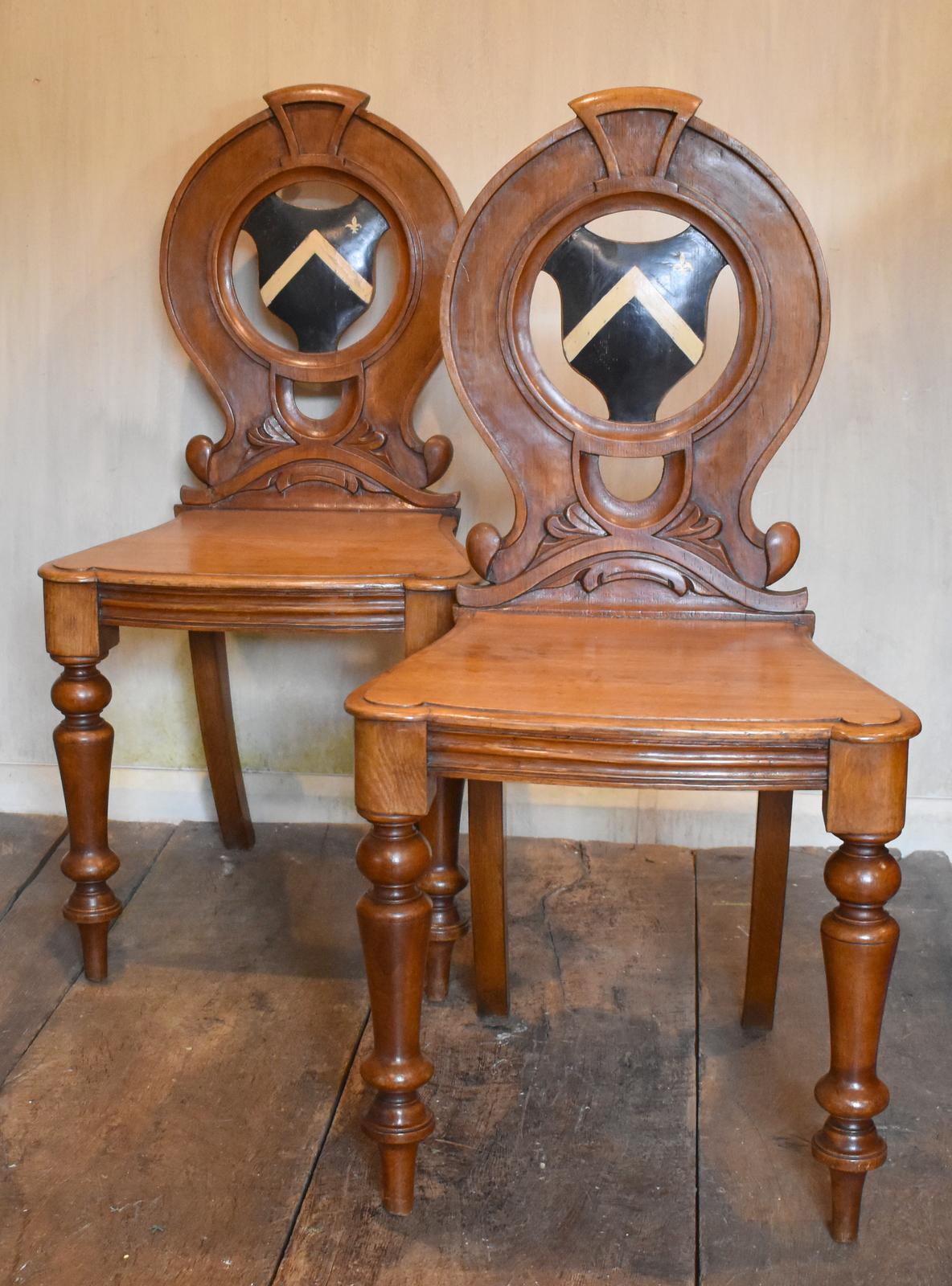 Pair of Victorian Oak Hall Chairs with Painted Heraldic Panels (1 of 4) Pair of Victorian Oak Hall Chairs with Painted Heraldic Panels (1 of 4)