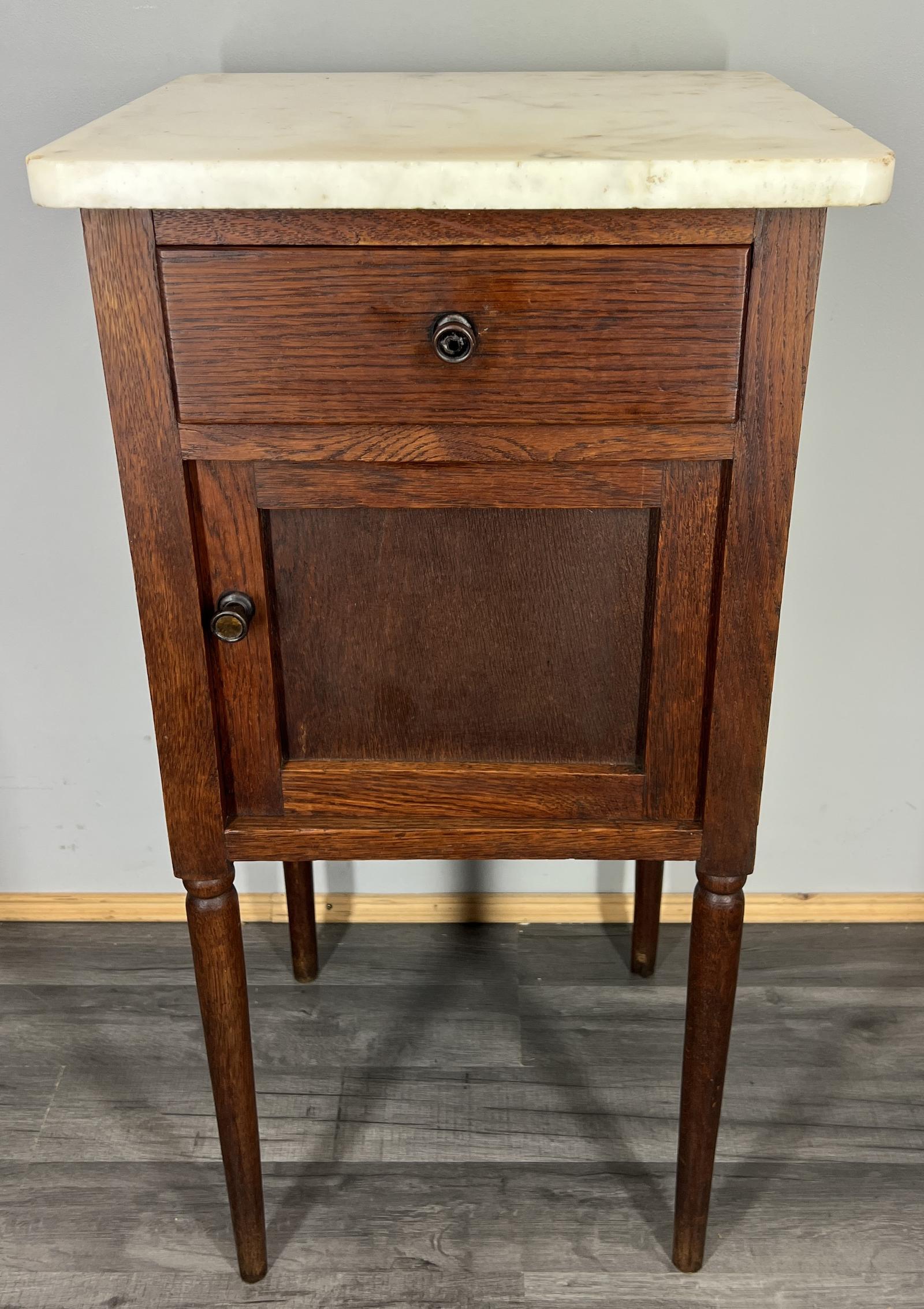 Bedside Table Antique French Marble Top Oak Cupboard Cabinet Nightstand (1 of 13)