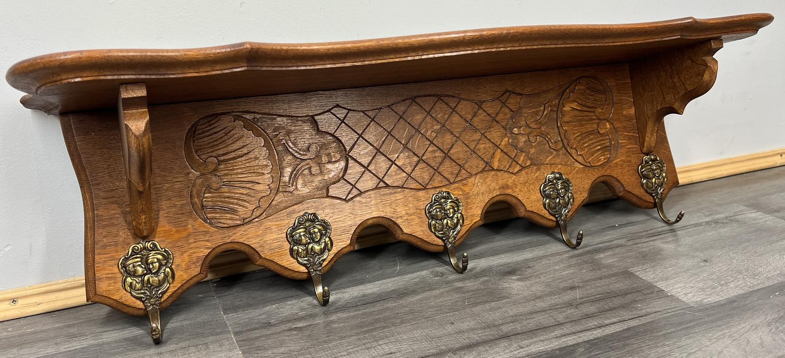French Vintage Coat Rack Oak 5 Hooks Wall Shelf Carved Coat Hanger (1 of 10)