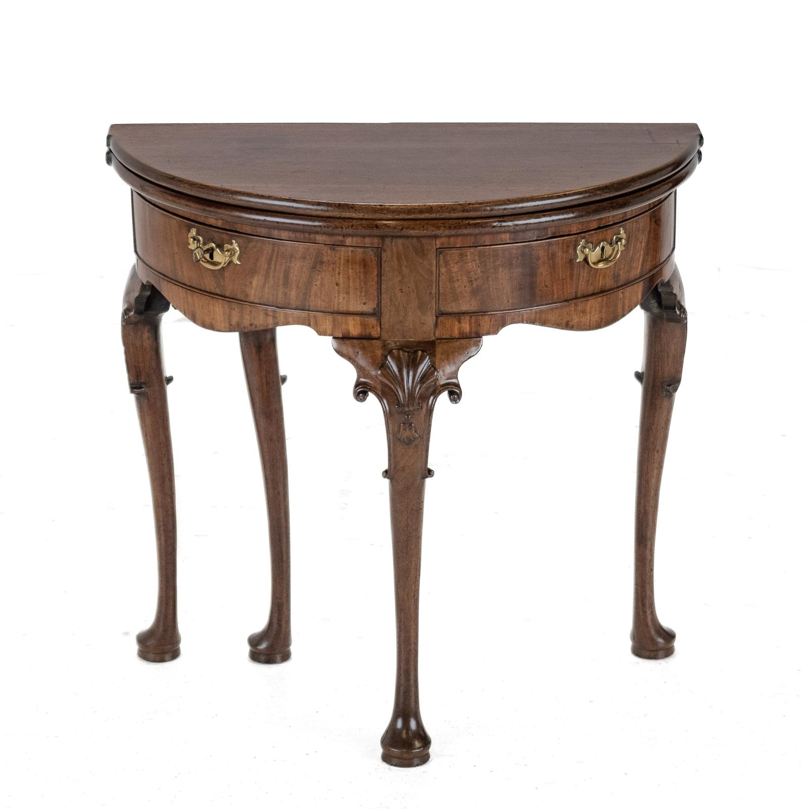 George II Cuban Mahogany Demi-lune Fold-over Tea Table with Twin Swing-out Drawers, c.1750 (Mid 18th Century, Georgian) (1 of 24)