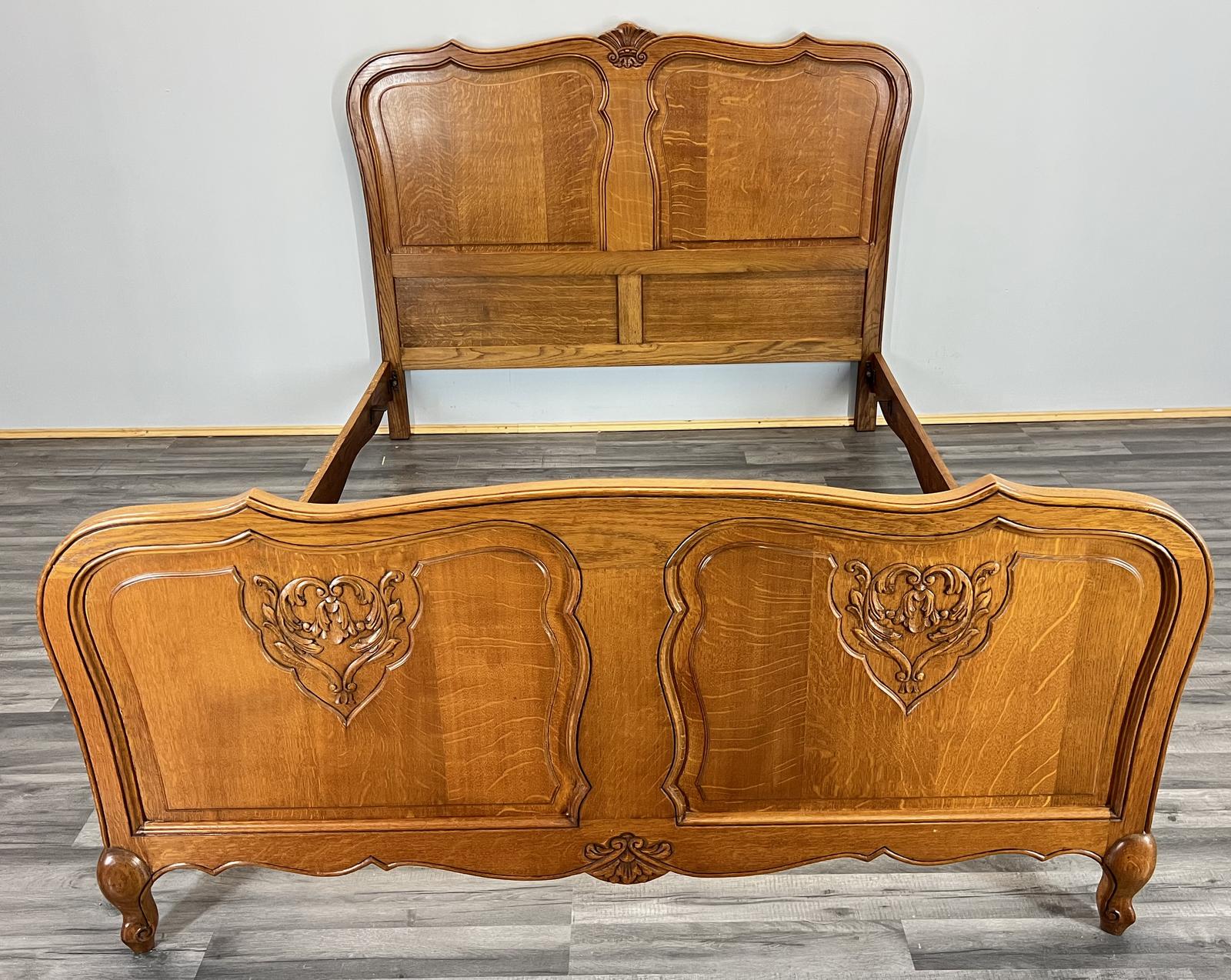Bed - Vintage French Double Bed Frame Oak Carved Headboard (1 of 9)
