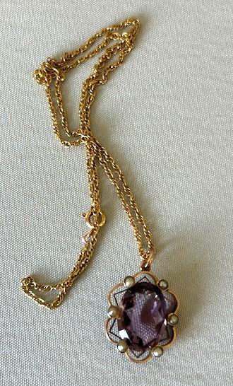 Victorian 9ct Gold Amethyst & Seed Pearl Pendant Necklace (1 of 7)