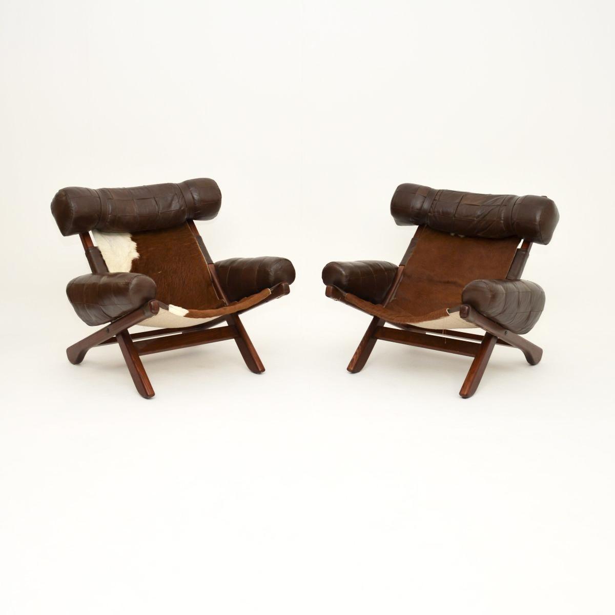 Pair of Swedish Vintage Leather Cow Hide Armchairs (1 of 12)