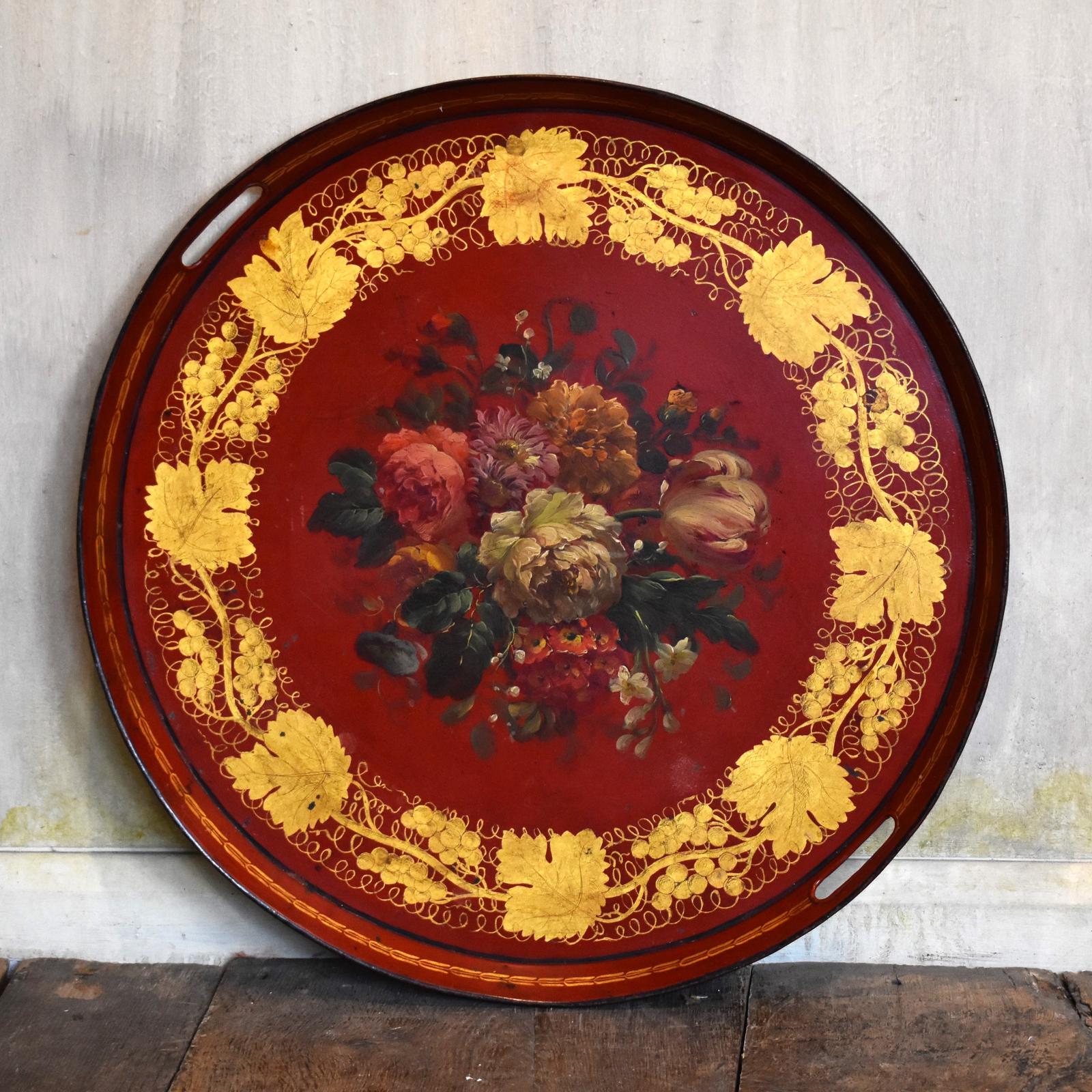 Red Toleware Tray Painted with Flowers (1 of 4)