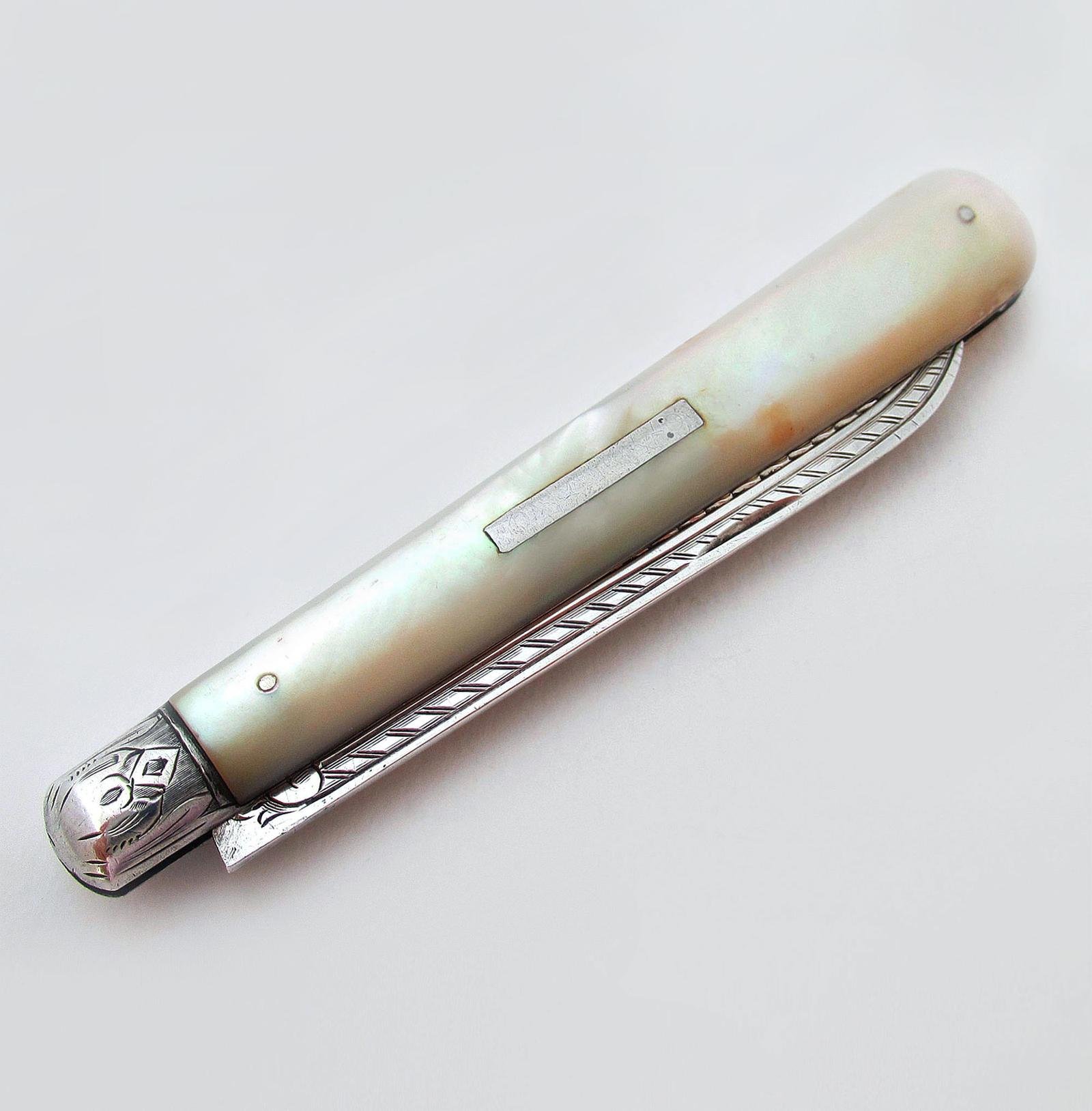 Large Antique English Victorian 1888 Sterling Silver & Mother of Pearl Folding Fruit Knife Penknife with Engraved Blade (1 of 11) Large Antique English Victorian 1888 Sterling Silver & Mother of Pearl Folding Fruit Knife Penknife with Engraved Blade (1 of 11)