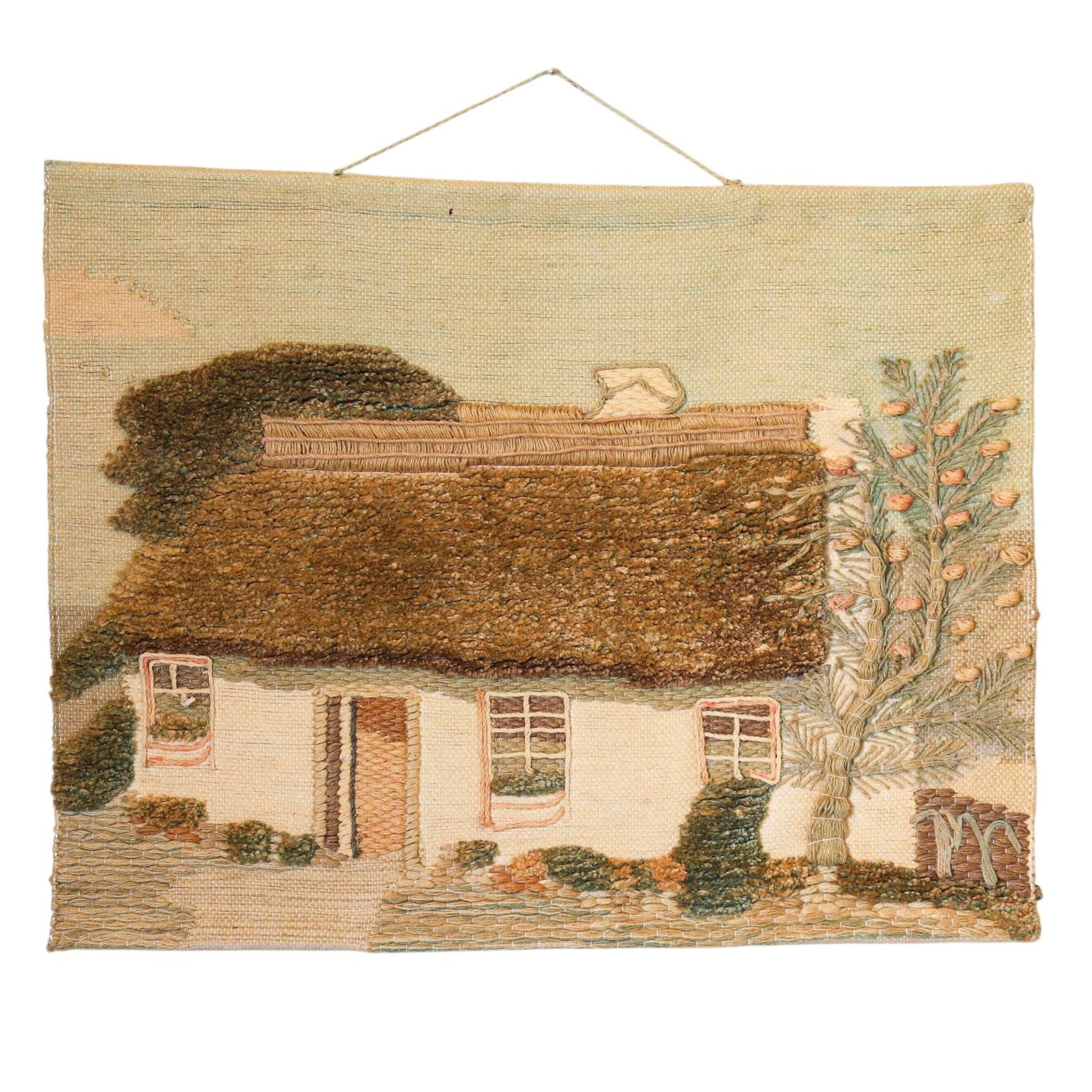Mid 20th Century Woolwork Embroidery - Hand‑Embroidered Country Cottage Scene (1 of 10)
