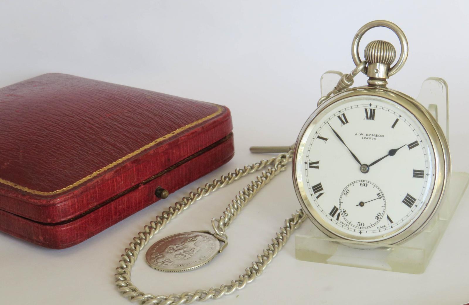 Pocket Watch : Antique J W Benson Silver Pocket Watch and Chain (1 of 5)