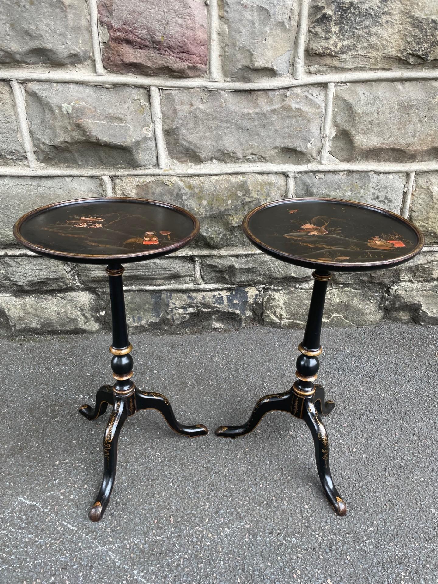 Pair of Antique Black Chinoiserie Tripod Wine Tables (1 of 8)