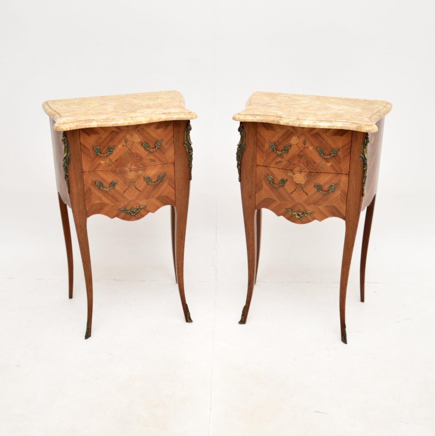 Pair of Antique French Inlaid Marquetry Marble Top Bedside Chests (1 of 11) Pair of Antique French Inlaid Marquetry Marble Top Bedside Chests (1 of 11)