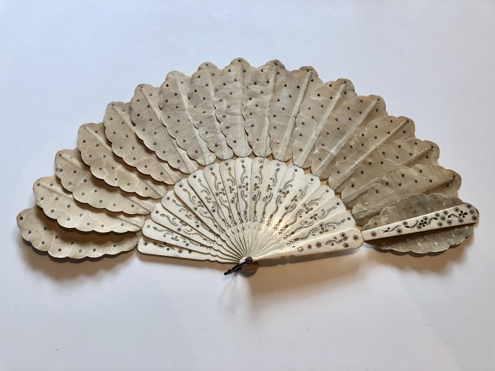 Rare Bone Hand Fan with Silk Leaves and Sequin Detail (1 of 8) Rare Bone Hand Fan with Silk Leaves and Sequin Detail (1 of 8)