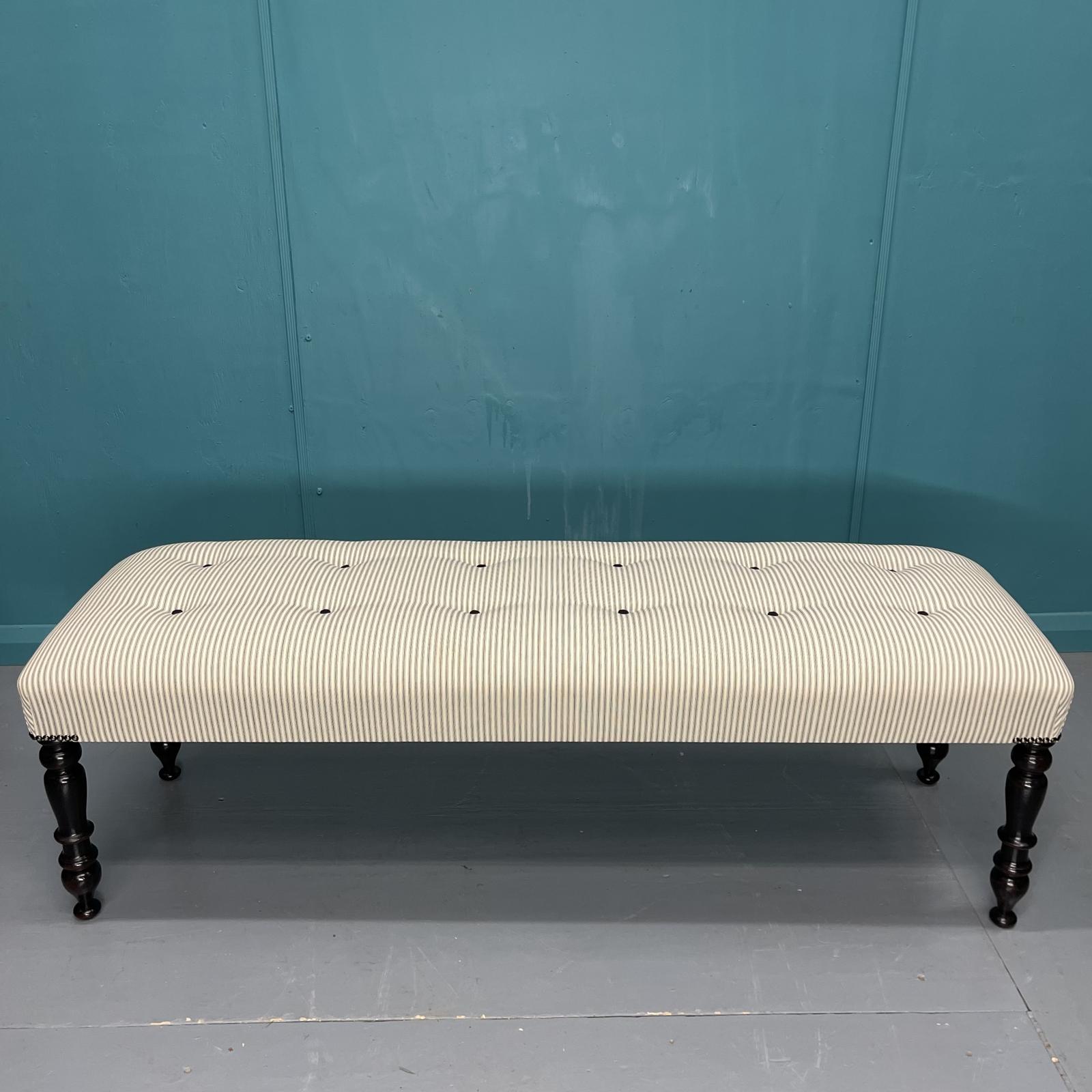 Victorian Ebonised Long Stool in Buttoned Ticking (1 of 5) Victorian Ebonised Long Stool in Buttoned Ticking (1 of 5)