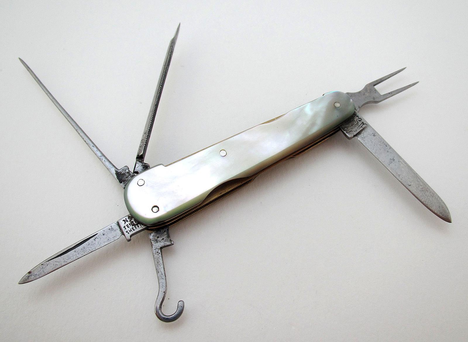 Sheffield Wade Wingfield Rowbotham Antique Pocket Multi Tool Folding Cigar Smoker Knife Penknife, Mother of Pearl, Carbon Steel (1 of 8)