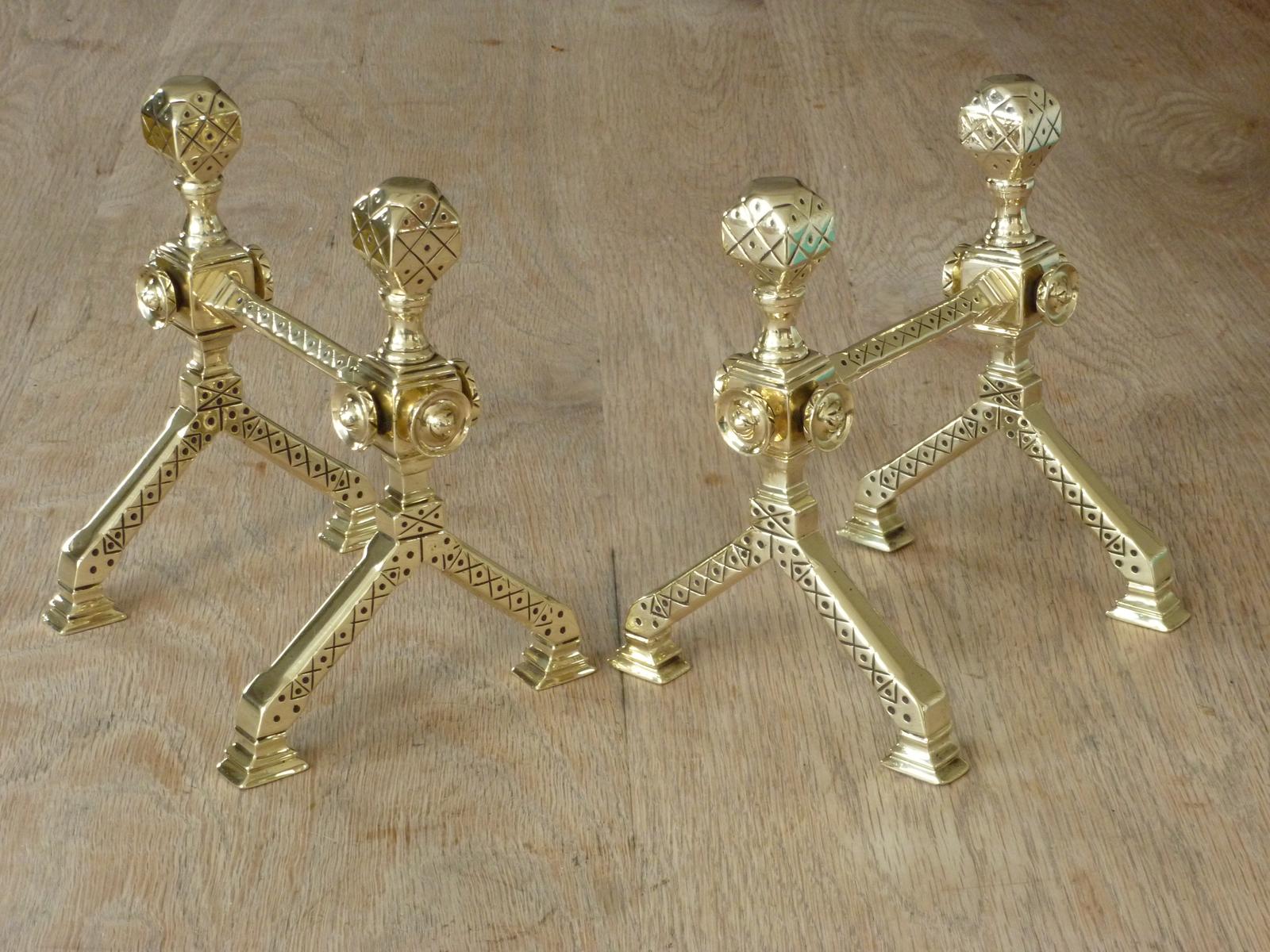 Fine Pair of Victorian Aesthetic Movement Brass Fire Dogs / Fire Tool Rests / Andirons c.1880 (1 of 6)
