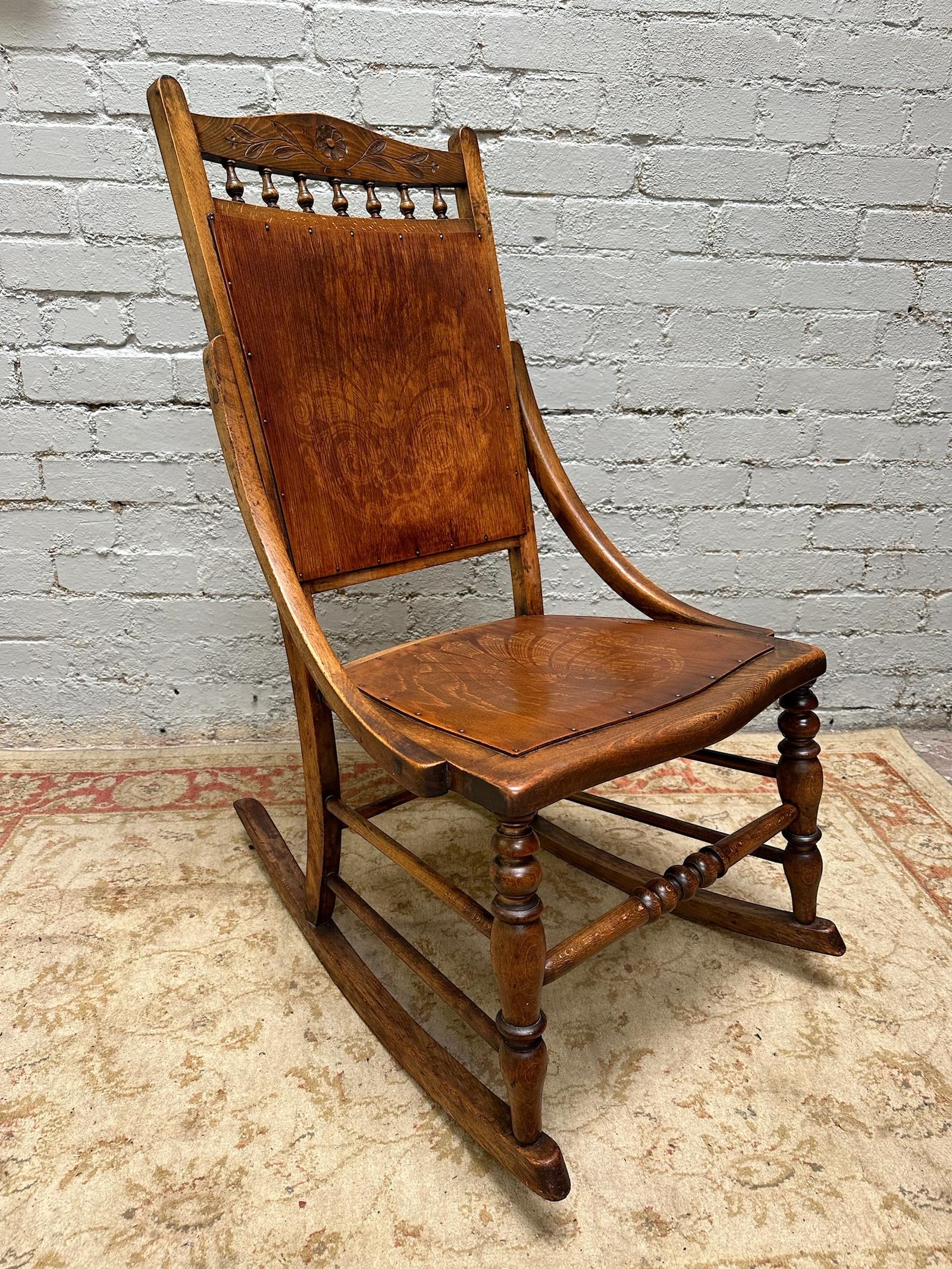 Antique Early 20th Edwardian Century Beech Floral Occasional Rocking Chair / Made in England (1 of 9)