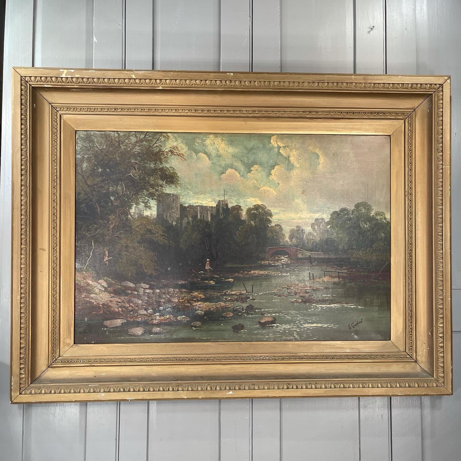Large Antique Victorian River Landscape Oil Painting of a Castle with Angler Signed S Serpent (1 of 10)
