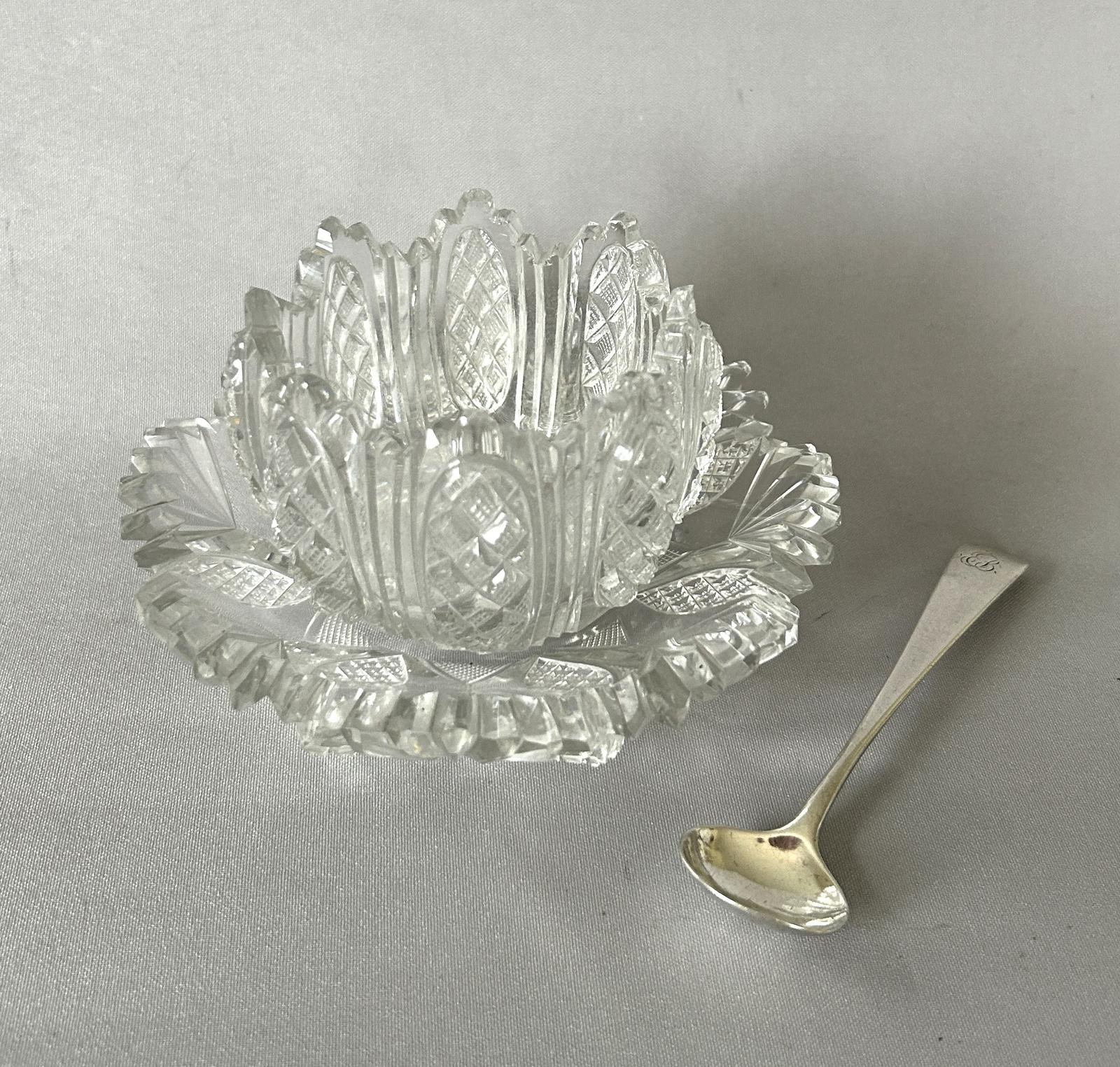 Rare Georgian Cut Glass Condiment Tub, Saucer & Silver Spoon (1 of 7) Rare Georgian Cut Glass Condiment Tub, Saucer & Silver Spoon (1 of 7)