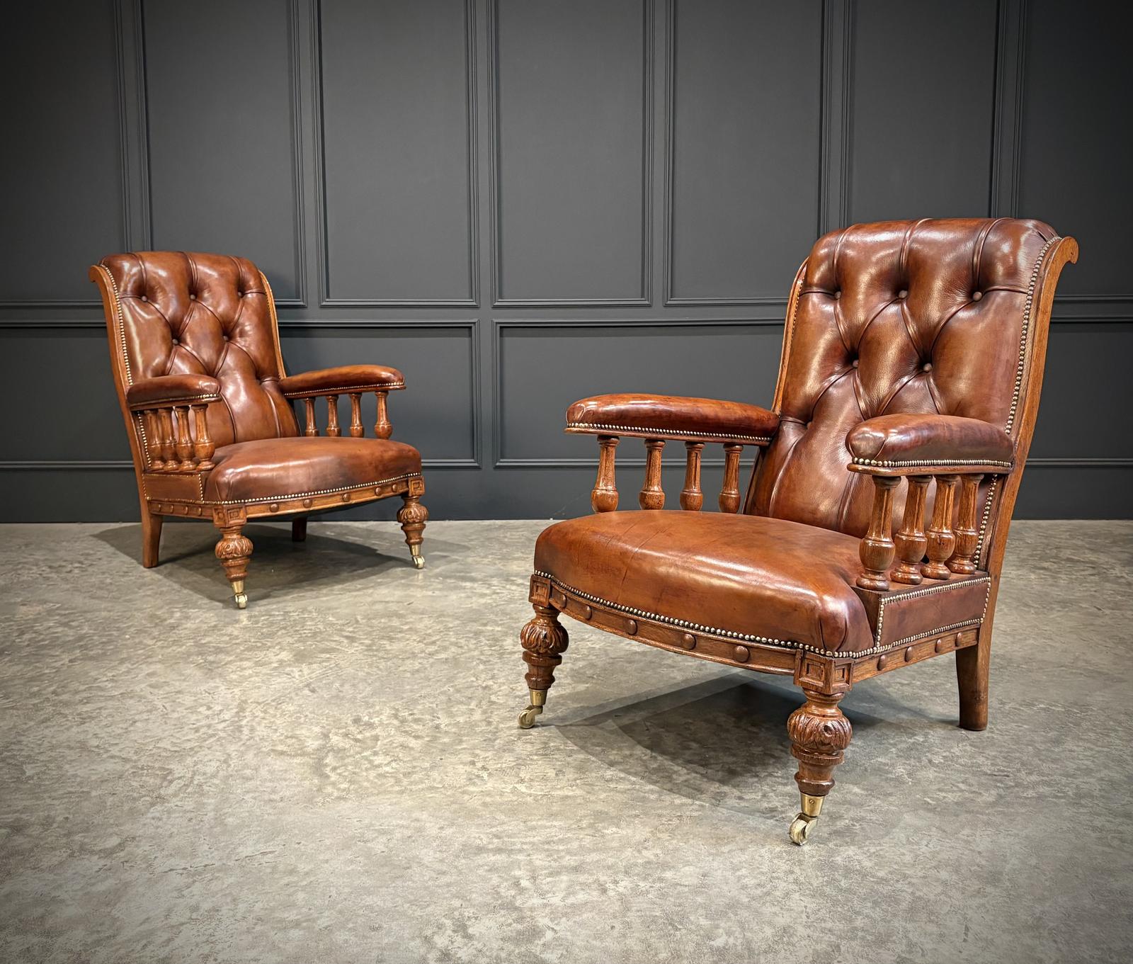 Pair of Oak & Buttoned Leather Library Armchairs (1 of 12) Pair of Oak & Buttoned Leather Library Armchairs (1 of 12)