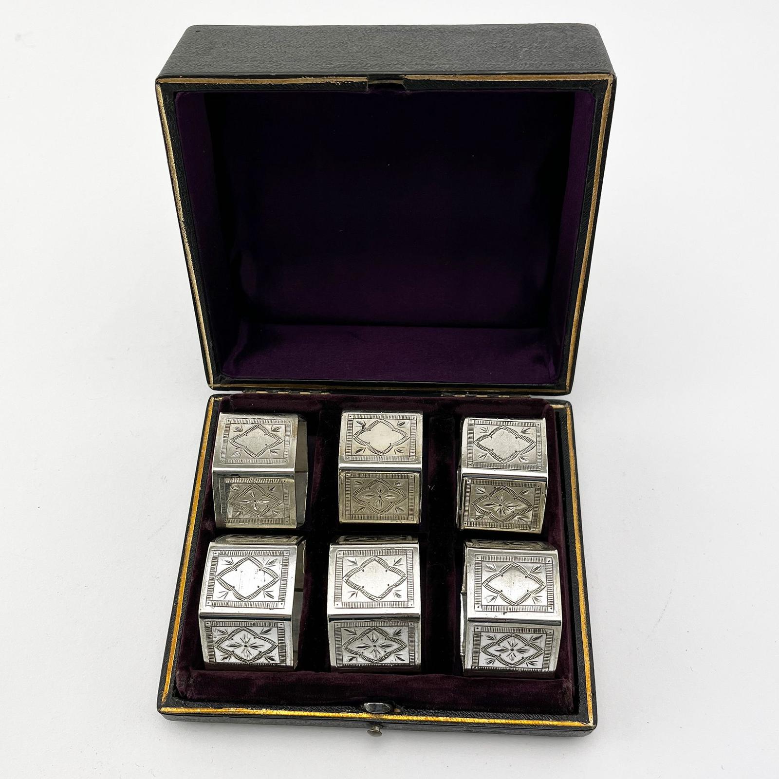 Boxed Set of Six Hexagonal Victorian Silver Plated Napkin Rings (1 of 5)