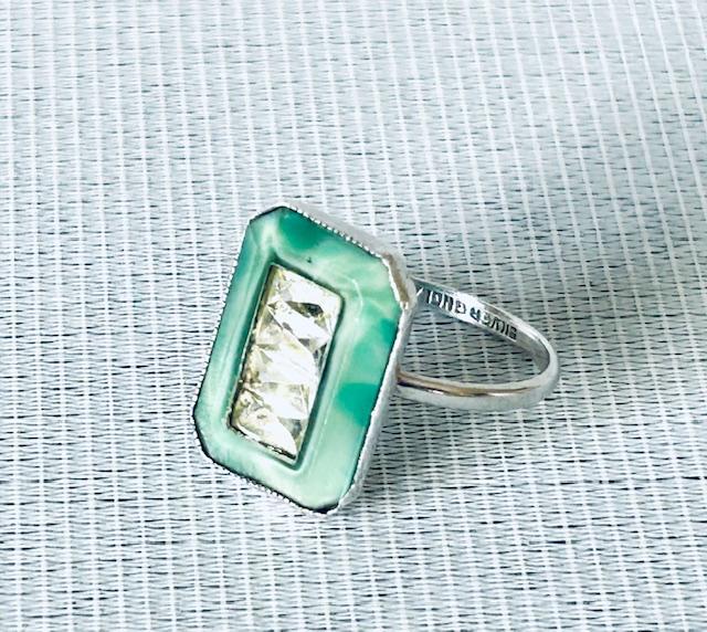 Art Deco Silver, Aventurine & Paste Diamond Ring (1 of 6)