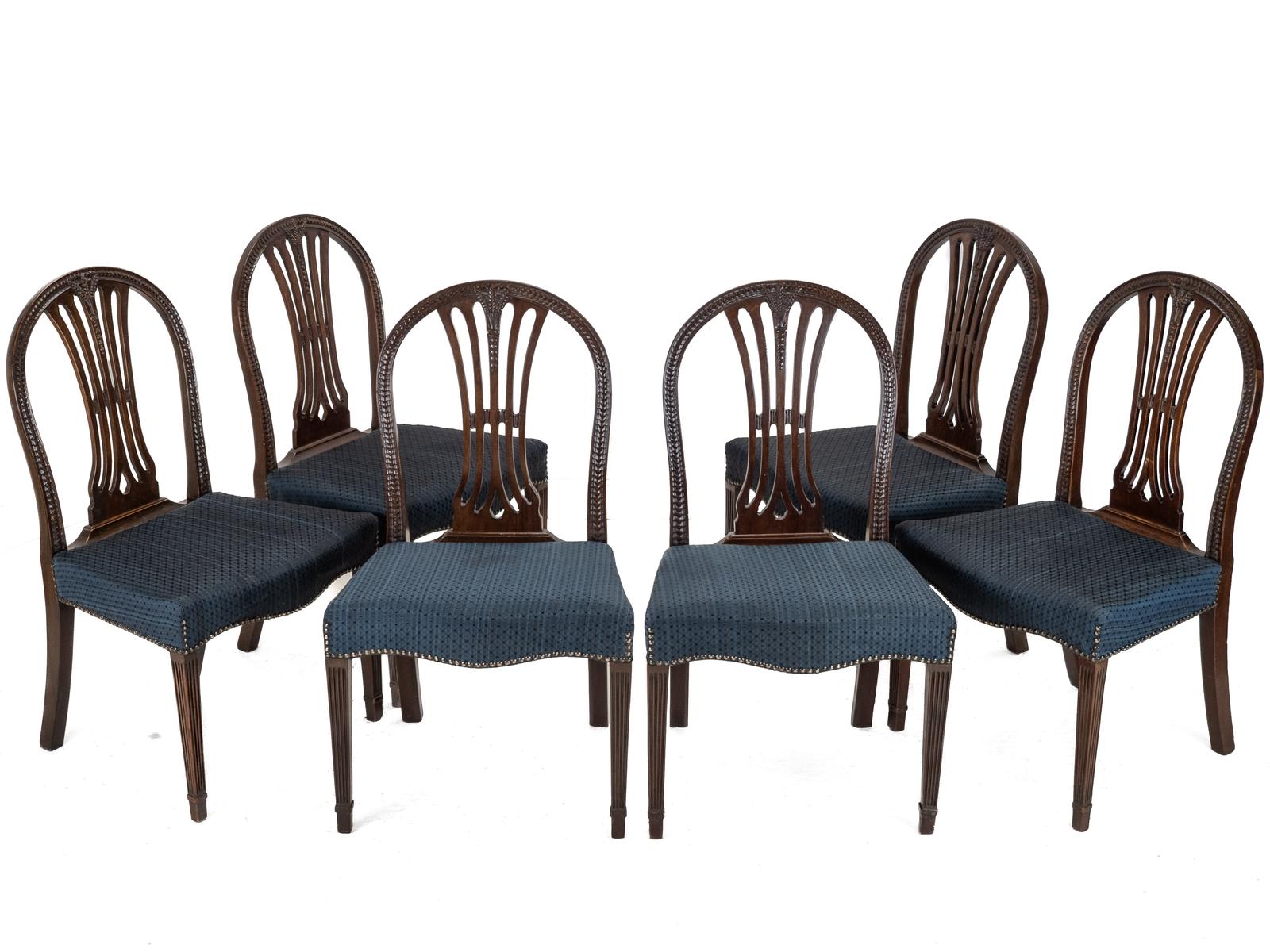 Set of 6 Mahogany Hepplewhite Dining Chairs c.1870 – Georgian / George III Style Side Chairs, Horsehair Fabric Upholstery (1 of 30) Set of 6 Mahogany Hepplewhite Dining Chairs c.1870 – Georgian / George III Style Side Chairs, Horsehair Fabric Upholstery (1 of 30)