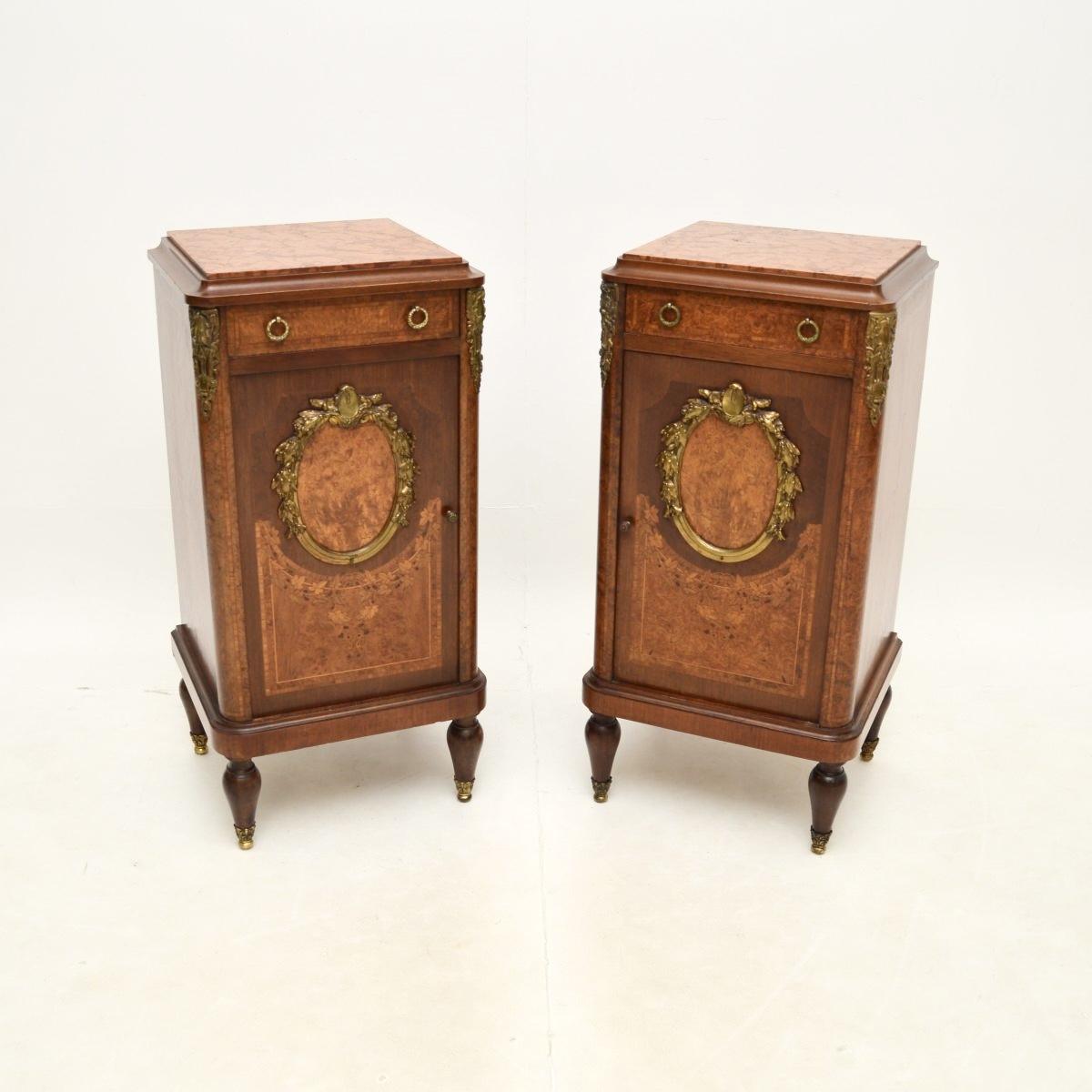 Pair of Antique French Inlaid Walnut Marble Top Bedside Cabinets (1 of 14) Pair of Antique French Inlaid Walnut Marble Top Bedside Cabinets (1 of 14)