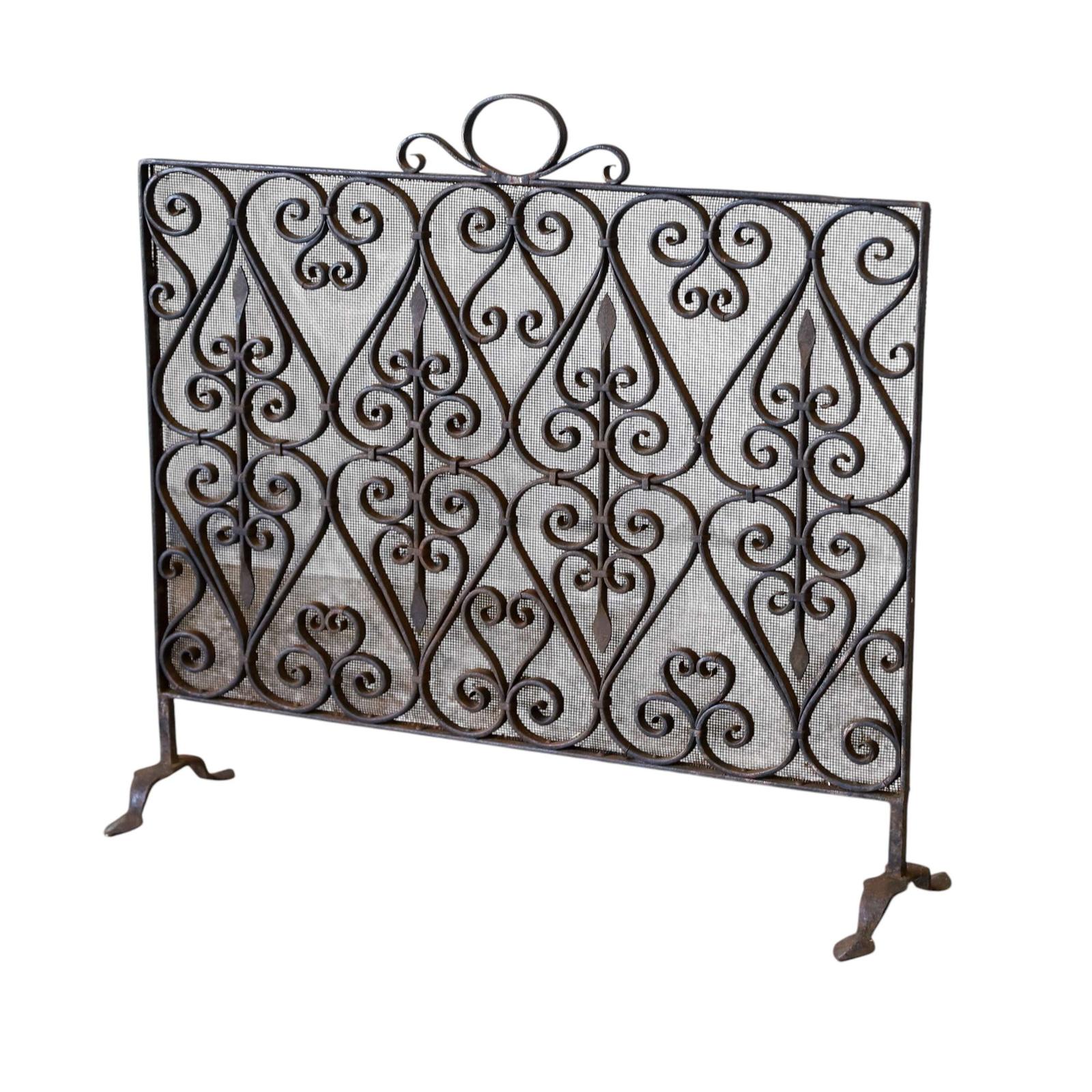 English 1920s Decorative Scroll Work Wrought Iron over Mesh Fireguard - good size (1 of 7)