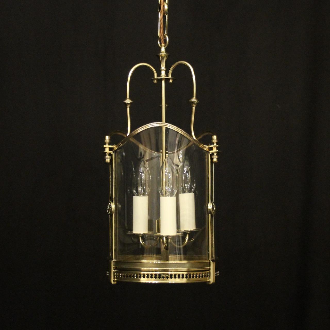French Brass Triple Light Antique Hall Lantern (1 of 10) French Brass Triple Light Antique Hall Lantern (1 of 10)