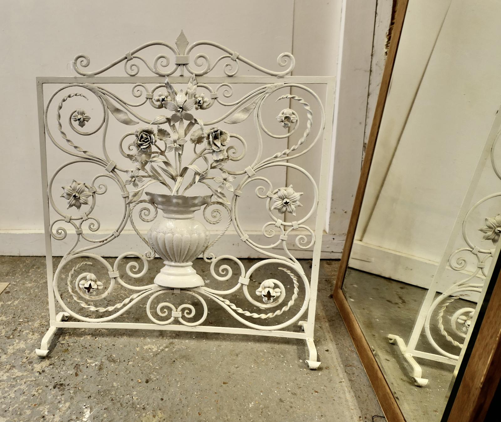 White Wrought Iron & Toleware Fire Screen Decorated with Flowers (1 of 6)