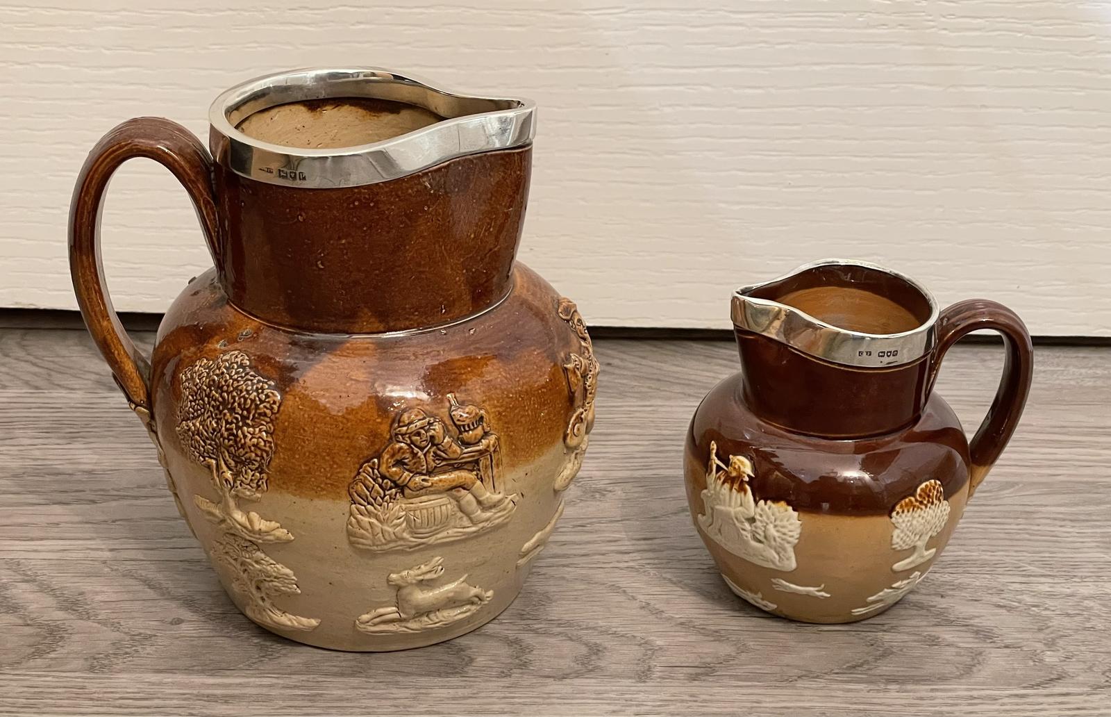 Two Victorian Doulton Lambeth Stoneware Jugs with Silver Rims (1 of 8) Two Victorian Doulton Lambeth Stoneware Jugs with Silver Rims (1 of 8)