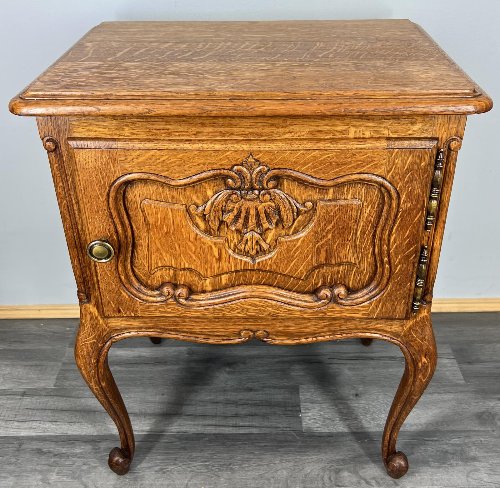 Bedside Table Vintage French Oak Carved Nightstand Cabinet (1 of 8)