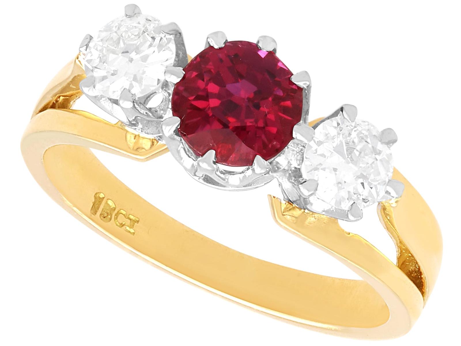 Antique & Vintage 1.29ct Ruby & 0.60ct Diamond 18k Yellow Gold Trilogy Ring (1 of 14)