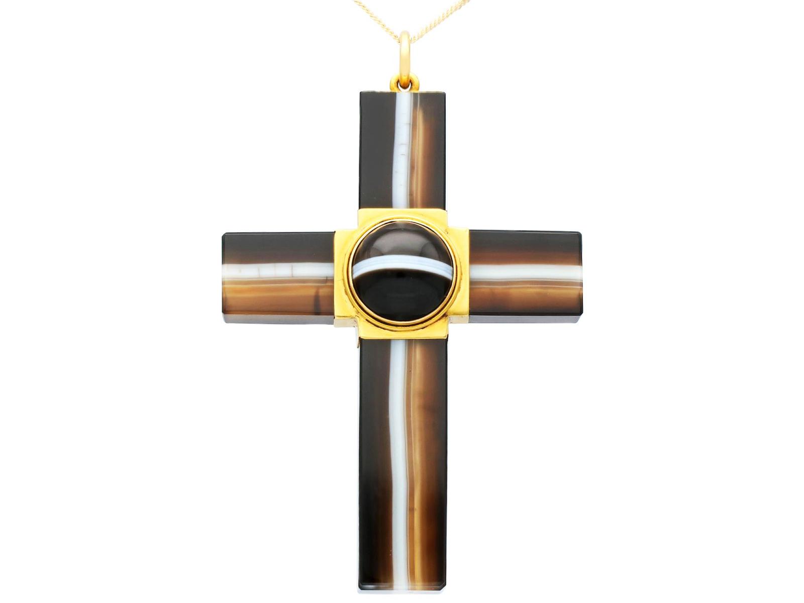 Banded Agate & 15ct Yellow Gold Cross Pendant - Antique c.1880 (1 of 9)