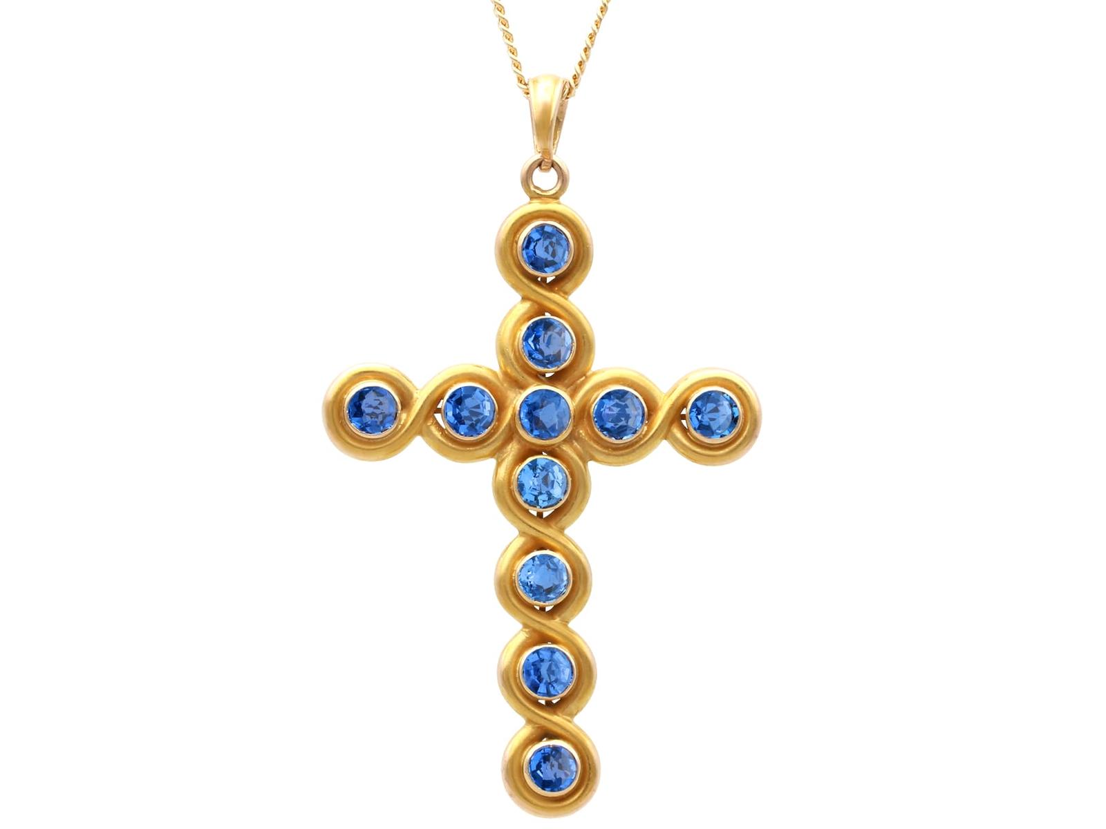 Antique 2ct Montana Sapphire and 18ct Yellow Gold Cross Pendant Circa 1910 (1 of 12)