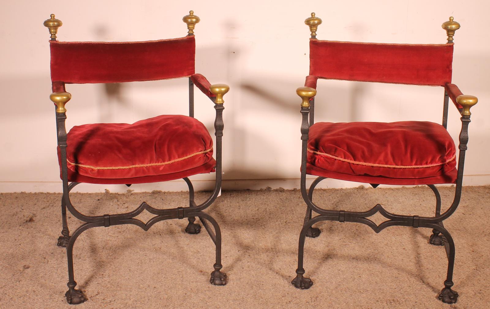 Pair of Wrought Iron and Bronze Curule Armchairs (1 of 14)