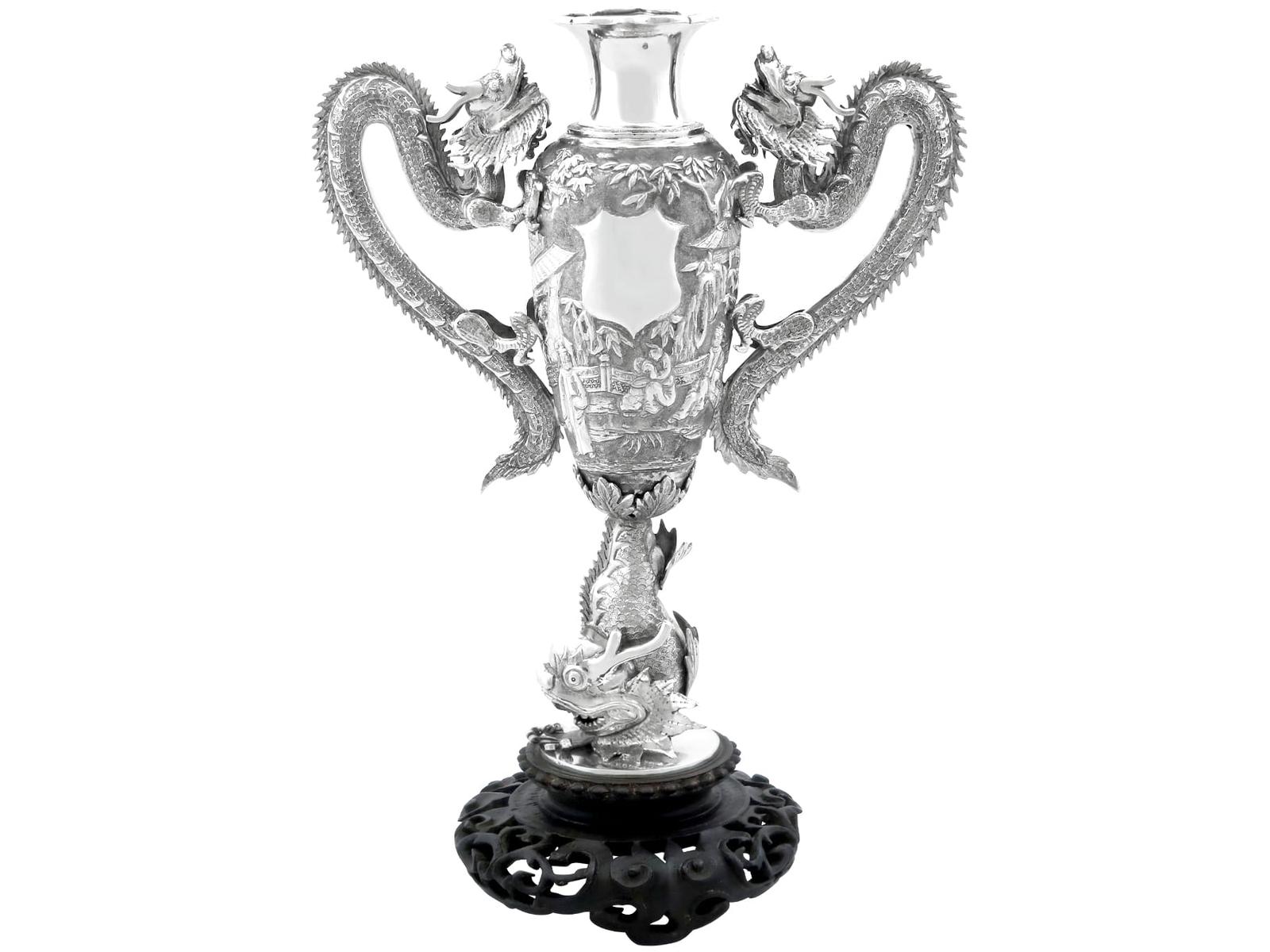 Antique Chinese Export Silver & Cherry Wood Vase c.1890 (1 of 20)