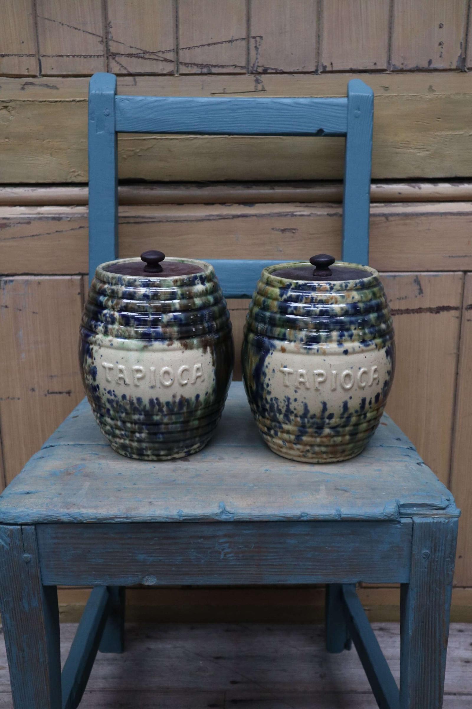 Scottish Pottery Slipware Barrel Storage Jars Tapioca with Wooden Lids x2 (1 of 22)