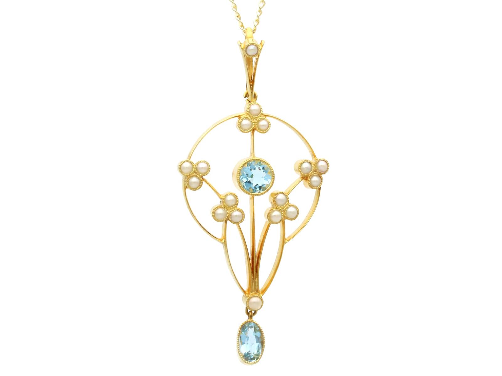 0.96ct Aquamarine & Pearl, 15ct Yellow Gold Pendant - Antique c.1895 (1 of 9)