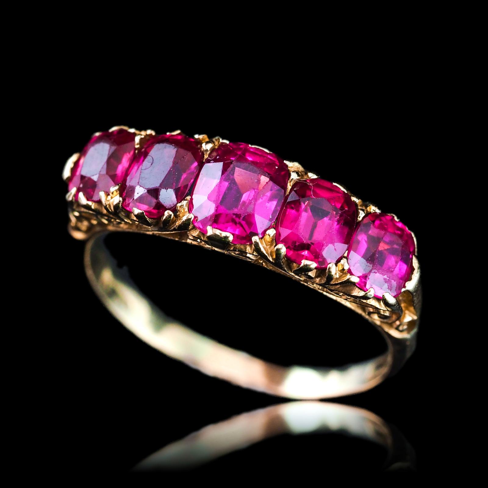Antique Victorian Ruby Ring 5 Stone Design 18K Gold - c.1900 (1 of 18)