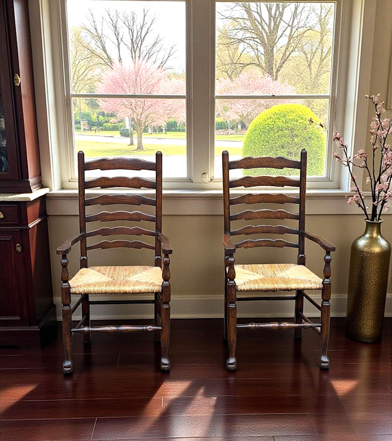 Pair of Oak Rush Seated Ladder Back Armchairs (1 of 13)