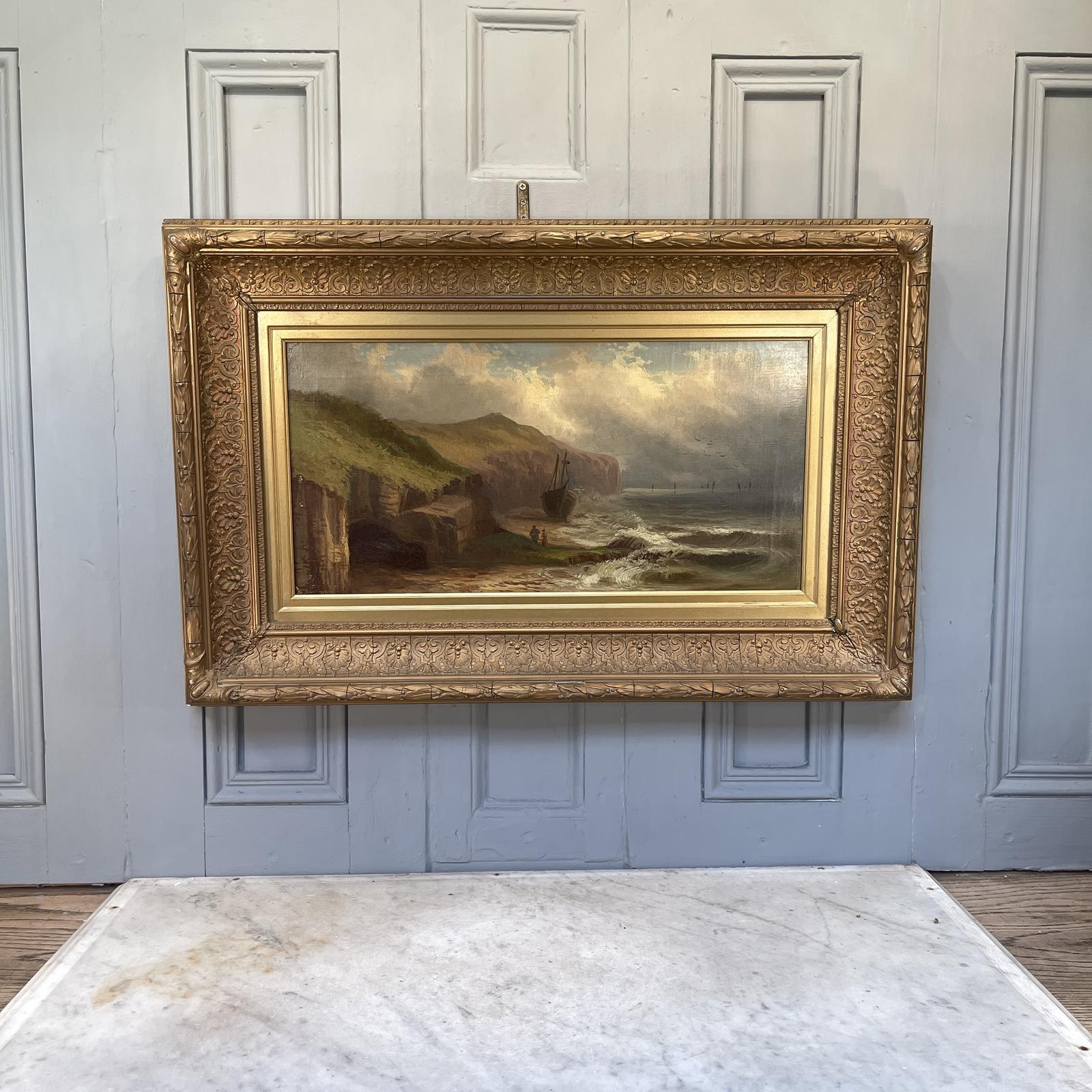 Large Antique Coastal Landscape of Figures and Wreck of Sailing Boat on Beach (2 of 2) (1 of 10)