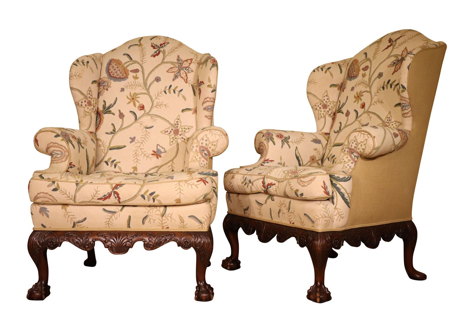 Pair of Large 19th Century Walnut Framed Wing-back Armchairs (1 of 6)